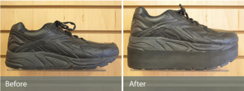 Before and after photo of Tailwind Orthotics custom modifications to footware